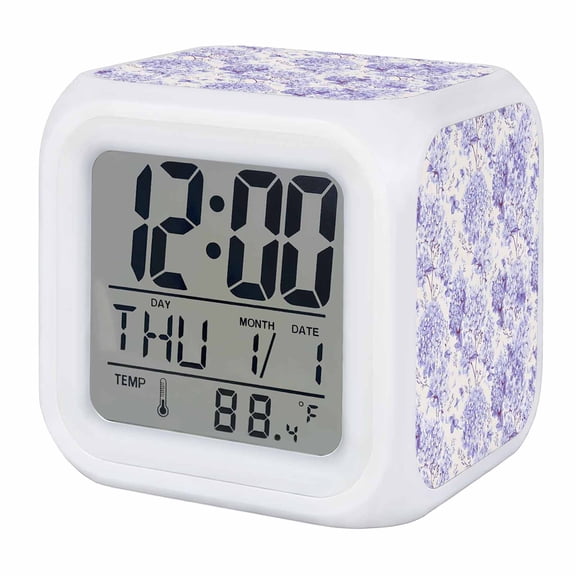 Alarm Clocks Purple Hydrangea Digital Clock 7 Color LED Night Light Silent Non-Ticking Battery Operated Spring Flower Leaf Cube Clocks Decorative for Bedroom Bedside Living Room Office School Decor