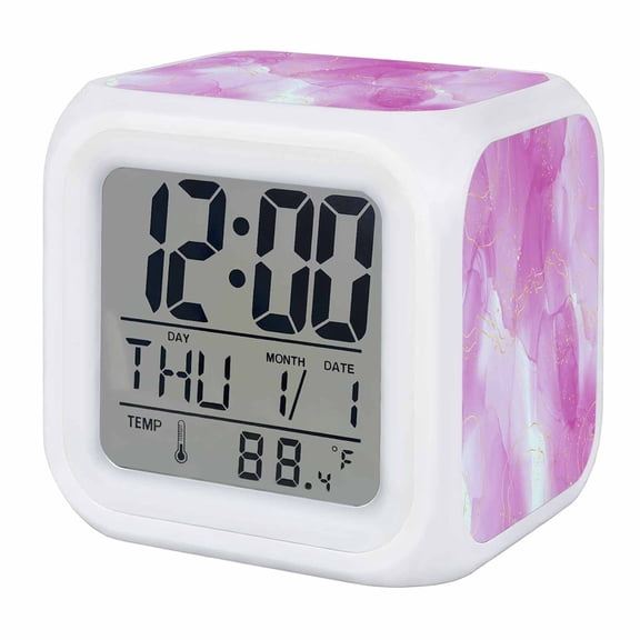 Alarm Clocks Purple Marble Digital Clock 7 Color LED Night Light Silent Non-Ticking Battery Operated Abstract Geometric Modern Ombre Cube Clocks for Bedroom Bedside Living Room Office School