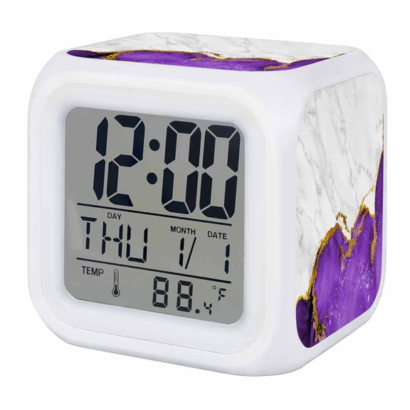 Alarm Clocks Purple Marble Digital Clock 7 Color LED Night Light Silent Non-Ticking Battery Operated White Modern Abstract Art Luxury Cube Clocks for Bedroom Bedside Living Room Office School