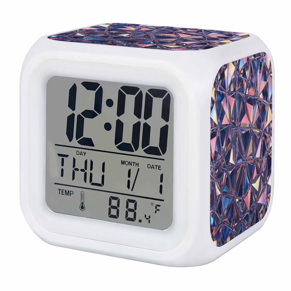 Alarm Clocks Purple Prism Light Digital Clock 7 Color LED Night Light Silent Non-Ticking Battery Operated Shiny Crystalline Shards Cube Clocks for Bedroom Bedside Living Room Office School Decor
