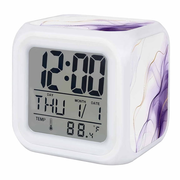 Alarm Clocks Purple Water Ripple Digital Clock 7 Color LED Night Light Silent Non-Ticking Battery Operated Marble Modern Art Cube Clocks Decorative for Bedroom Bedside Living Room Office School