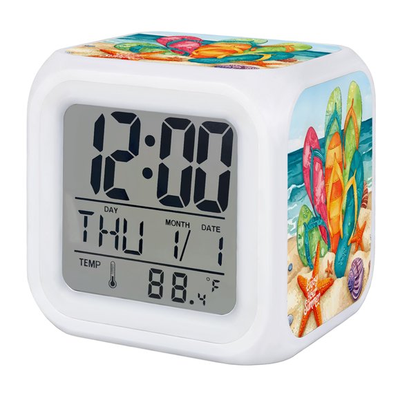 Alarm Clocks Rainbow Flip Flops Digital Clock 7 Color LED Night Light Silent Non-Ticking Battery Operated Summer Beach Sand Starfish Cube Clocks for Bedroom Bedside Living Room Office School Decor