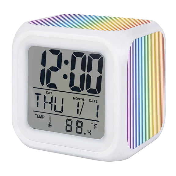 Alarm Clocks Rainbow Vertical Stripes Digital Clock 7 Color LED Night Light Silent Non-Ticking Battery Operated Parallel Lines Pinstripes Cube Clocks for Bedroom Bedside Living Room Office Decor