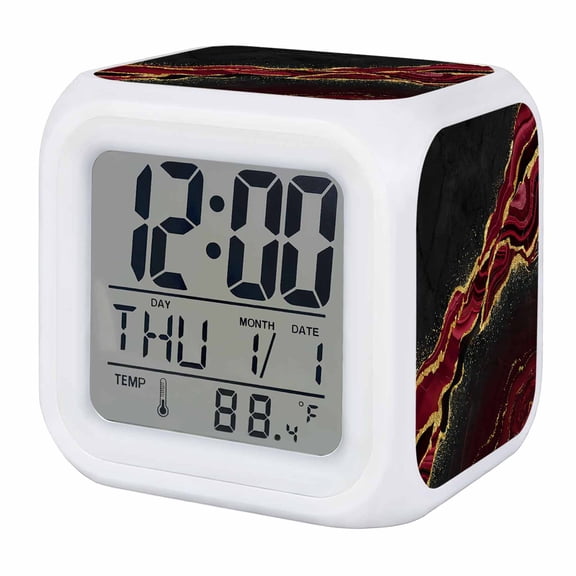 Alarm Clocks Red Abstract Marble Digital Clock 7 Color LED Night Light Silent Non-Ticking Battery Operated Black Malachite Gold Veins Cube Clocks for Bedroom Bedside Living Room Office School