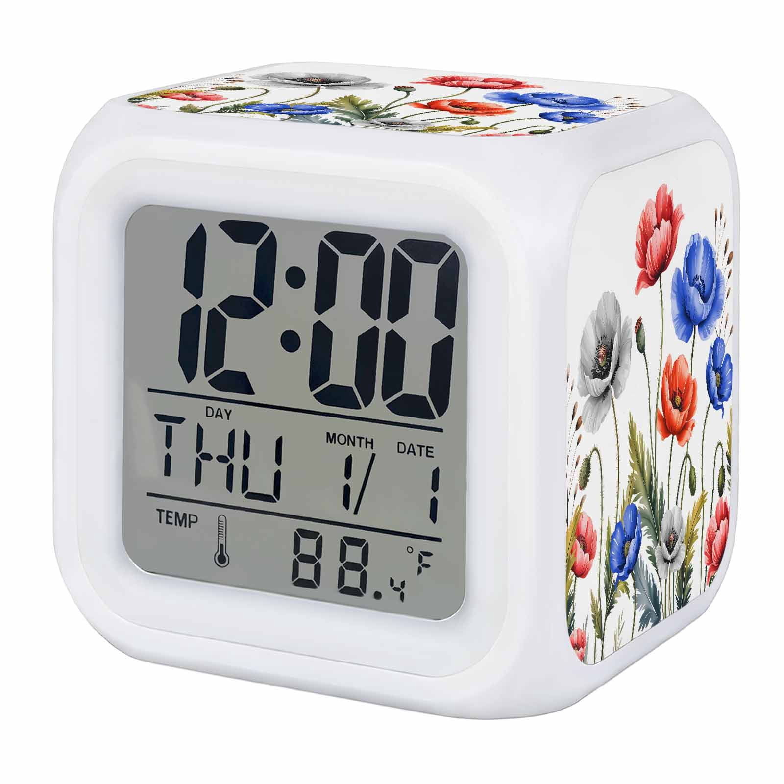 Alarm Clocks Red Blue Poppy FLoral Digital Clock 7 Color LED Night ...