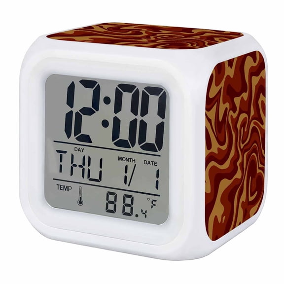 Alarm Clocks Red Brown Spiral Swirl Digital Clock 7 Color LED Night Light Silent Non-Ticking Battery Operated Liquid Art Abstract Lines Cube Clocks for Bedroom Bedside Living Room Office School
