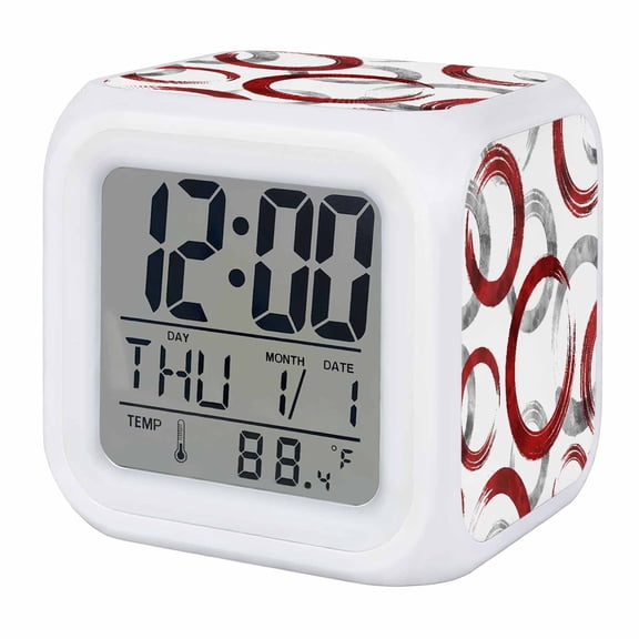 Alarm Clocks Red Circles Digital Clock 7 Color LED Night Light Silent Non-Ticking Battery Operated Geometric Abstract Twisted Lines Cube Clocks for Bedroom Bedside Living Room Office School