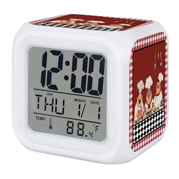 Alarm Clocks Red Cooking Chefs Digital Clock 7 Color LED Night Light Silent Non-Ticking Battery Operated Funny Cooker Checked Plaid Cube Clocks for Bedroom Bedside Living Room Office School Decor