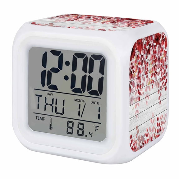 Alarm Clocks Red Eucalyptus Leaves Digital Clock 7 Color LED Night Light Silent Non-Ticking Battery Operated Berry Branch Wood Grain Cube Clocks for Bedroom Bedside Living Room Office School