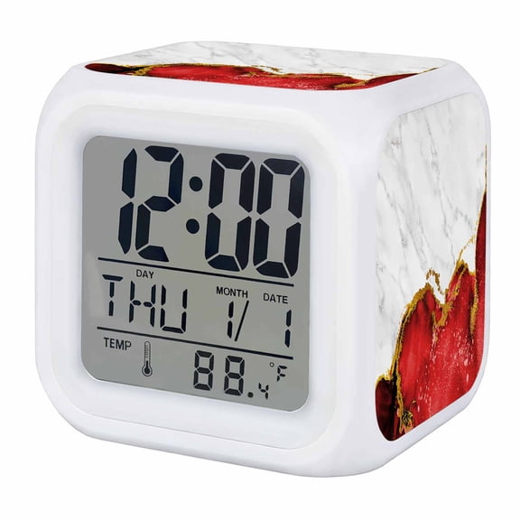 Alarm Clocks Red Marble Digital Clock 7 Color LED Night Light Silent Non-Ticking Battery Operated White Modern Abstract Art Luxury Cube Clocks for Bedroom Bedside Living Room Office School