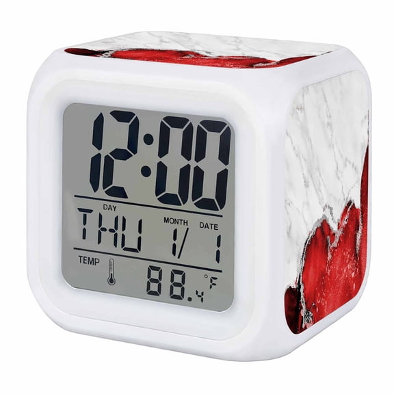 Alarm Clocks Red Marble Digital Clock 7 Color LED Night Light Silent Non-Ticking Battery Operated White Modern Abstract Art Luxury Fluid Cube Clocks for Bedroom Bedside Living Room Office School