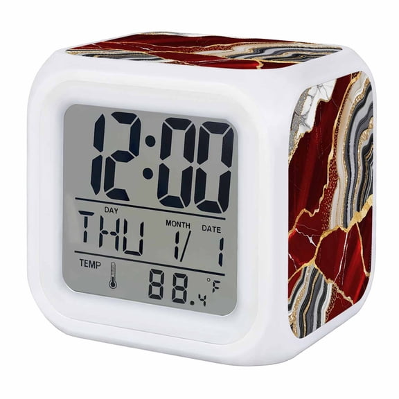 Alarm Clocks Red Marble Texture Digital Clock 7 Color LED Night Light Silent Non-Ticking Battery Operated Abstract Gold Fluid Cube Clocks Decorative for Bedroom Bedside Living Room Office School