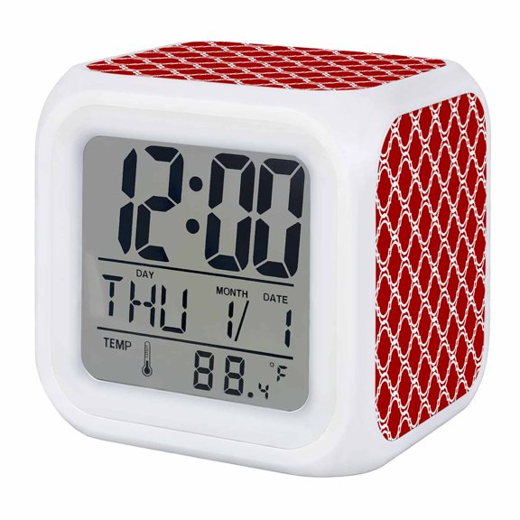 Alarm Clocks Red Moroccan Stripes Digital Clock 7 Color LED Night Light Silent Non-Ticking Battery Operated Geometric Floral Cube Clocks Decorative for Bedroom Bedside Living Room Office School