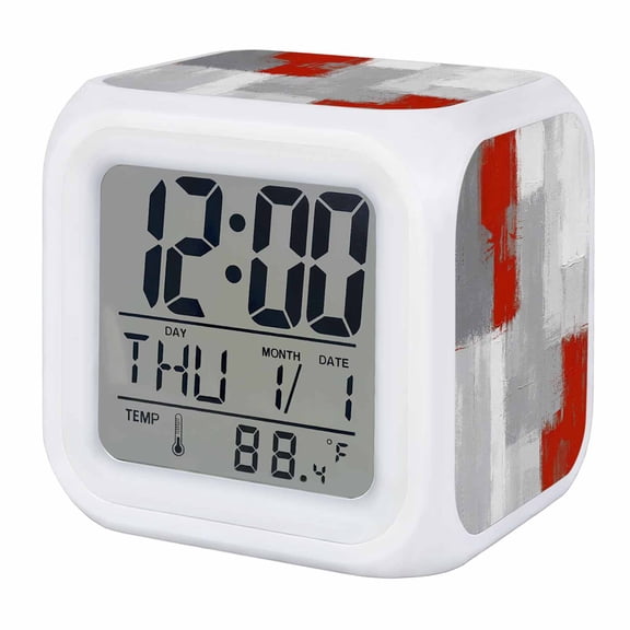 Alarm Clocks Red Oil Painting Digital Clock 7 Color LED Night Light Silent Non-Ticking Battery Operated Grey Abstract Graffiti Art Cube Clocks for Bedroom Bedside Living Room Office School