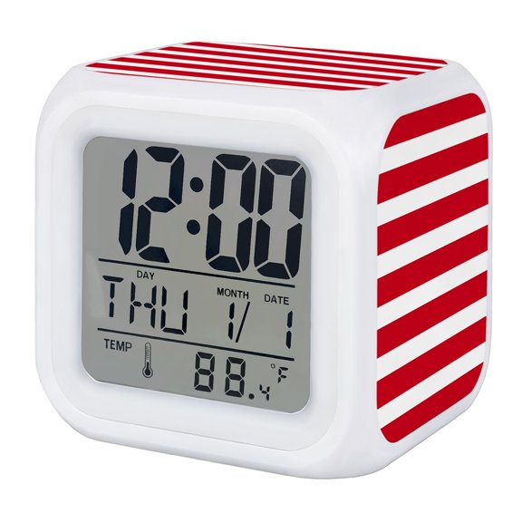 Alarm Clocks Red Stripes Digital Clock 7 Color LED Night Light Silent Non-Ticking Battery Operated Classic Striped Lines Cube Clocks Decorative for Bedroom Bedside Living Room Office School Decor