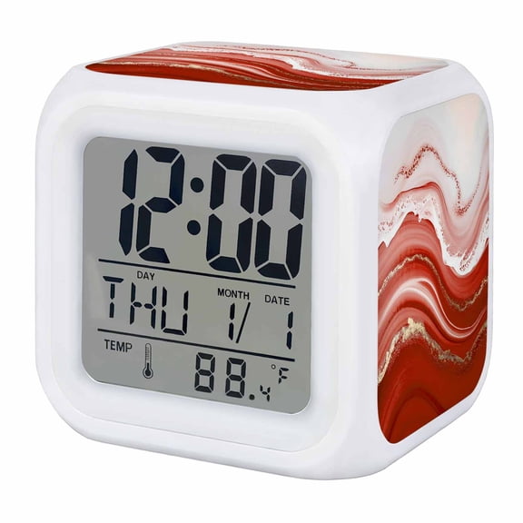 Alarm Clocks Red Waves Digital Clock 7 Color LED Night Light Silent Non-Ticking Battery Operated Abstract Gradient Fluid Art Cube Clocks Decorative for Bedroom Bedside Living Room Office School
