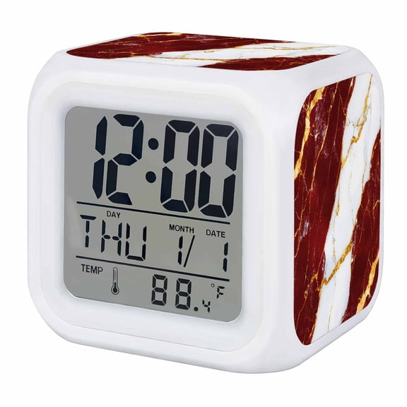Alarm Clocks Red White Marble Digital Clock 7 Color LED Night Light Silent Non-Ticking Battery Operated Gold Abstract Art Cube Clocks Decorative for Bedroom Bedside Living Room Office School Decor