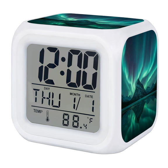 Alarm Clocks Romantic Auroras Digital Clock 7 Color LED Night Light Silent Non-Ticking Battery Operated Peaceful Water Nature Mountain Cube Clocks for Bedroom Bedside Living Room Office School Decor