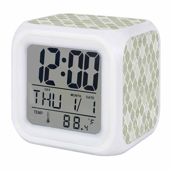 Alarm Clocks Sage Green Geometric Digital Clock 7 Color LED Night Light Silent Non-Ticking Battery Operated Abstract Moroccan Texture Cube Clocks for Bedroom Bedside Living Room Office School