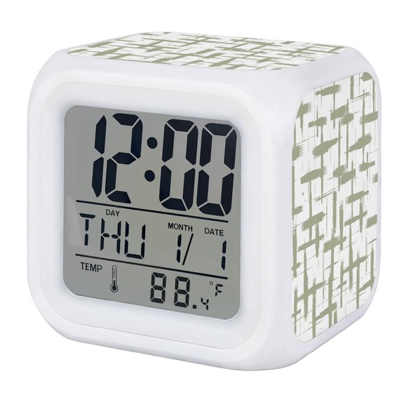 Alarm Clocks Sage Green Graffiti Lines Digital Clock 7 Color LED Night Light Silent Non-Ticking Battery Operated Abstract Grid Cube Clocks for Bedroom Bedside Living Room Office School Decor