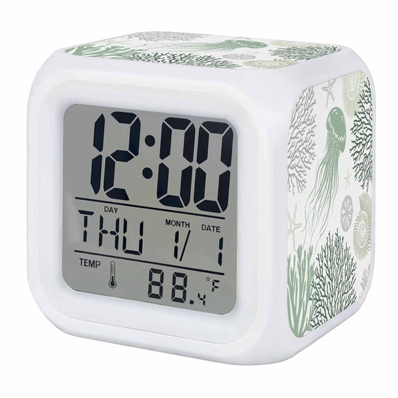 Alarm Clocks Sage Green Jellyfish Digital Clock 7 Color LED Night Light Silent Non-Ticking Battery Operated Coral Starfish Shell Cube Clocks Decorative for Bedroom Bedside Living Room Office School