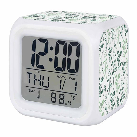 Alarm Clocks Sage Green Leaves Digital Clock 7 Color LED Night Light Silent Non-Ticking Battery Operated Farmhouse Leaf Branches Plants Cube Clocks for Bedroom Bedside Living Room Office School