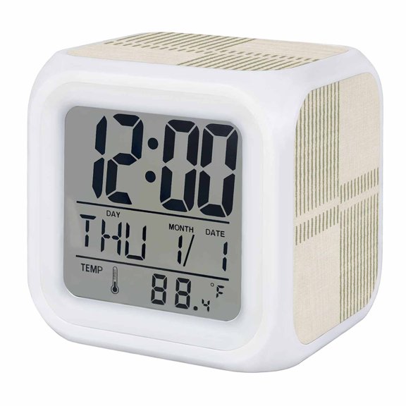 Alarm Clocks Sage Green Lines Digital Clock 7 Color LED Night Light Silent Non-Ticking Battery Operated Sketch Linear Blocks Cube Clocks for Bedroom Bedside Living Room Office School Decor