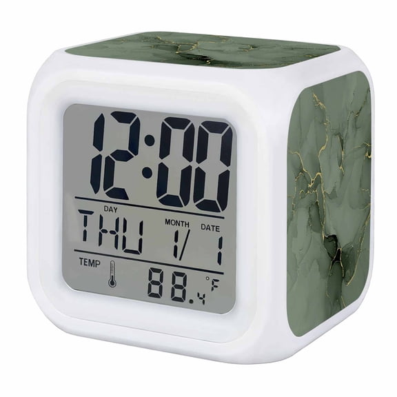 Alarm Clocks Sage Green Marble Digital Clock 7 Color LED Night Light Silent Non-Ticking Battery Operated Abstract Art Lines Cube Clocks Decorative for Bedroom Bedside Living Room Office School Decor