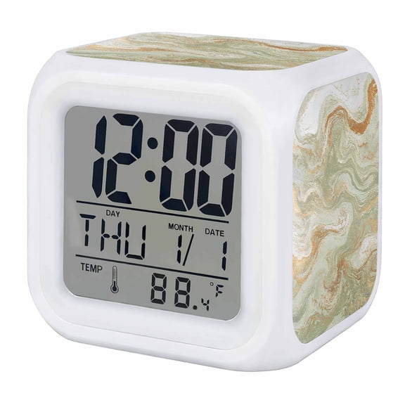 Alarm Clocks Sage Green Marble Digital Clock 7 Color LED Night Light Silent Non-Ticking Battery Operated Abstract Fluid Art Cube Clocks Decorative for Bedroom Bedside Living Room Office School Decor