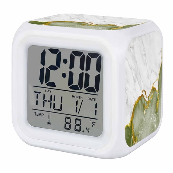 Alarm Clocks Sage Green Marble Digital Clock 7 Color LED Night Light Silent Non-Ticking Battery Operated White Modern Abstract Art Luxury Cube Clocks for Bedroom Bedside Living Room Office School