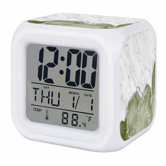 Alarm Clocks Sage Green Marble Digital Clock 7 Color LED Night Light Silent Non-Ticking Battery Operated White Modern Abstract Art Luxury Fluid Cube Clocks for Bedroom Bedside Living Room Office