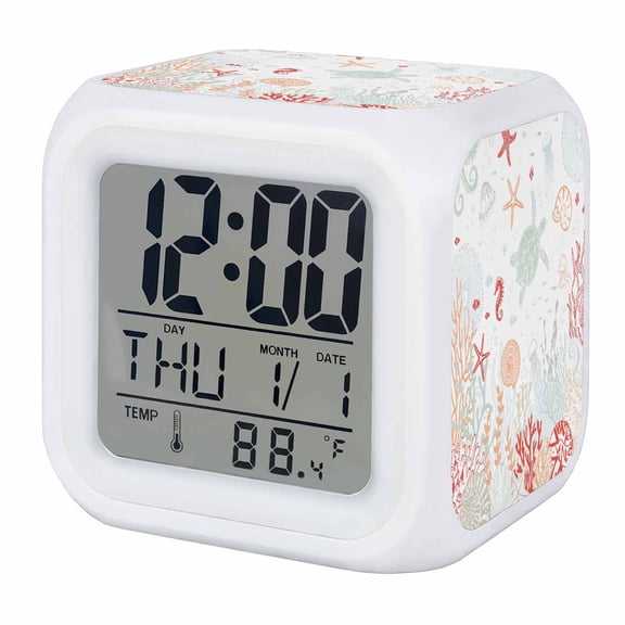 Alarm Clocks Sage Green Pink Turtle Shell Digital Clock 7 Color LED Night Light Silent Non-Ticking Battery Operated Coral Conch Seaweed Starfish Cube Clocks for Bedroom Bedside Living Room Office