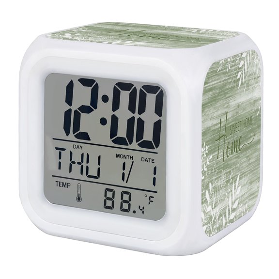 Alarm Clocks Sage Green Wood Grain Digital Clock 7 Color LED Night Light Silent Non-Ticking Battery Operated Leaves Home Sweet Home Cube Clocks for Bedroom Bedside Living Room Office School Decor