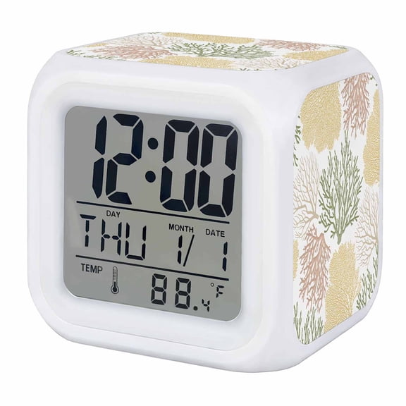 Alarm Clocks Sage Green Yellow Coral Digital Clock 7 Color LED Night Light Silent Non-Ticking Battery Operated Ocean Marine Life Cube Clocks Decorative for Bedroom Bedside Living Room Office School