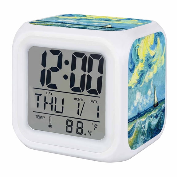 Alarm Clocks Sailing Boat Digital Clock 7 Color LED Night Light Silent Non-Ticking Battery Operated Ocean Waves Impressionist Cube Clocks for Bedroom Bedside Living Room Office School Decor