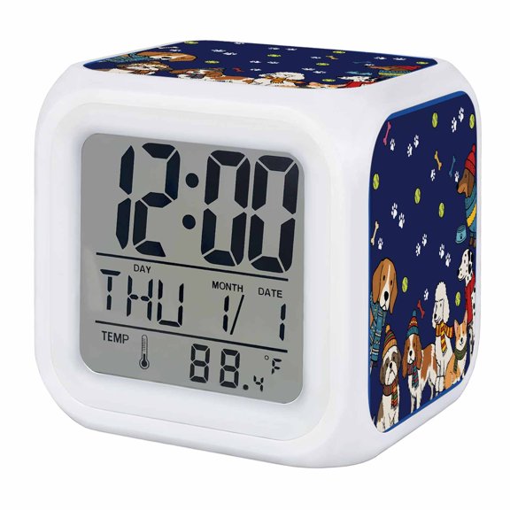 Alarm Clocks Scarf Dog Digital Clock 7 Color LED Night Light Silent Non-Ticking Battery Operated Puppy Animal Paw Print Tennis Ball Blue Cube Clocks for Bedroom Bedside Living Room Office Decor