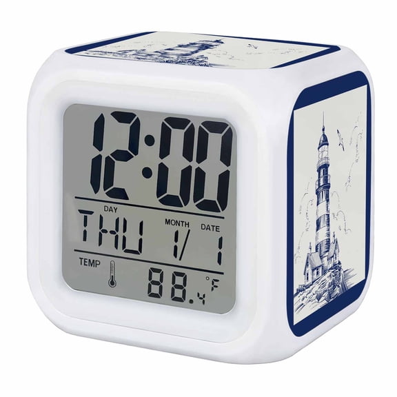 Alarm Clocks Seagull Lighthouse Digital Clock 7 Color LED Night Light Silent Non-Ticking Battery Operated Blue Ocean Navigation Cube Clocks Decorative for Bedroom Bedside Living Room Office School