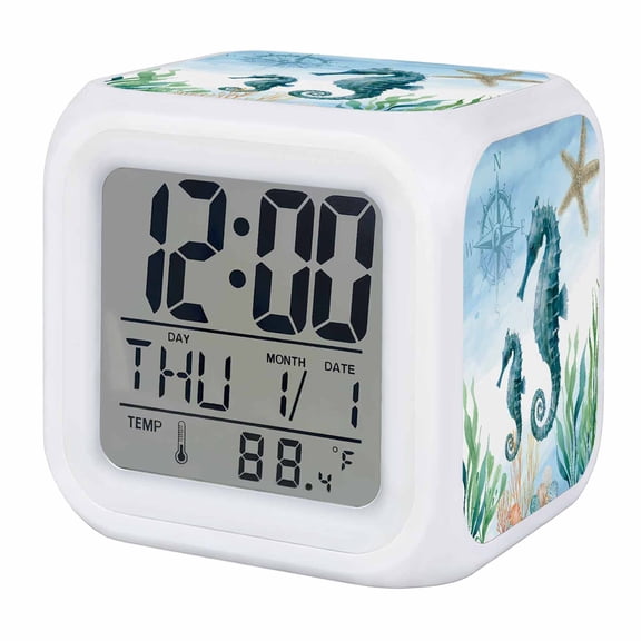 Alarm Clocks Seahorse Digital Clock 7 Color LED Night Light Silent Non-Ticking Battery Operated Compass Starfish Coral Marine Life Cube Clocks for Bedroom Bedside Living Room Office School