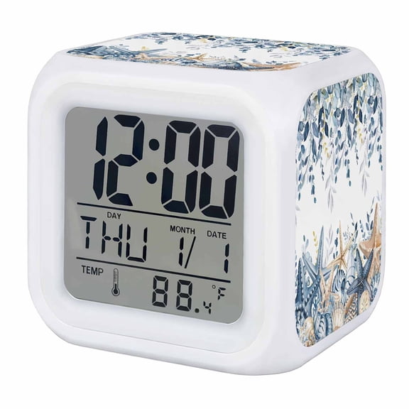 Alarm Clocks Shell Starfish Digital Clock 7 Color LED Night Light Silent Non-Ticking Battery Operated Conch Berry Eucalyptus Leaves Cube Clocks for Bedroom Bedside Living Room Office School