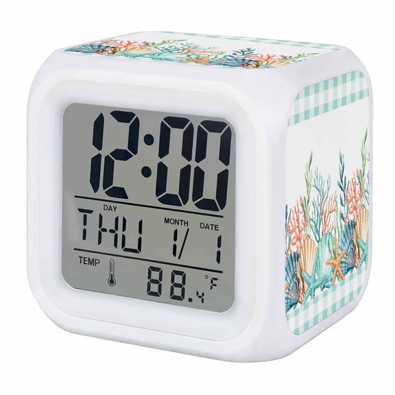 Alarm Clocks Shell Starfish Digital Clock 7 Color LED Night Light Silent Non-Ticking Battery Operated Ocean Coral Turquoise Buffalo Plaid Cube Clocks for Bedroom Bedside Living Room Office School