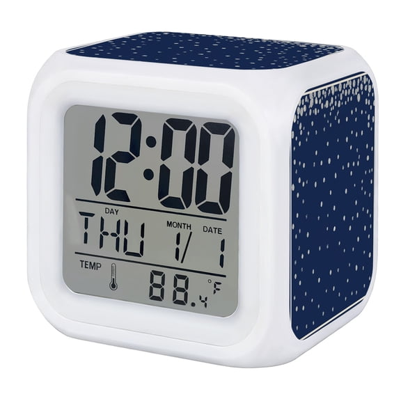Alarm Clocks Silver Dots Digital Clock 7 Color LED Night Light Silent Non-Ticking Battery Operated Navy Blue Glittering Specks Border Frame Cube Clocks for Bedroom Bedside Living Room Office Decor