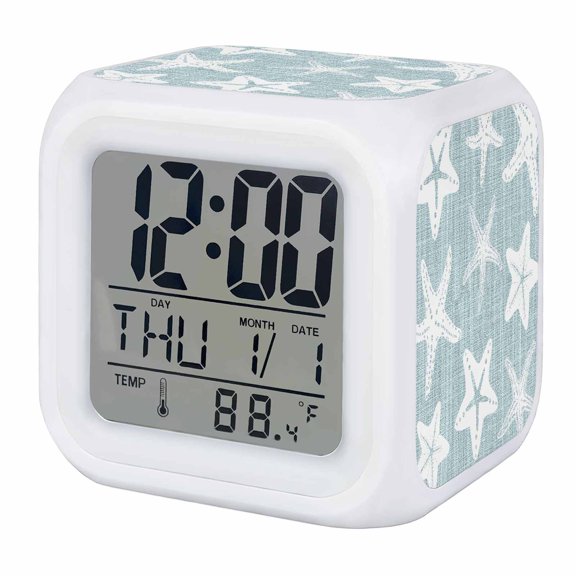 Alarm Clocks Sky Blue Linen Starfish Digital Clock 7 Color LED Night Light Silent Non-Ticking Battery Operated Coastal Ocean Marine Life Cube Clocks for Bedroom Bedside Living Room Office Decor