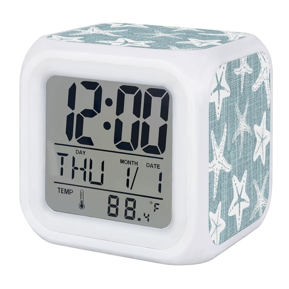 Alarm Clocks Slate Blue Linen Starfish Digital Clock 7 Color LED Night Light Silent Non-Ticking Battery Operated Coastal Ocean Marine Life Cube Clocks for Bedroom Bedside Living Room Office Decor