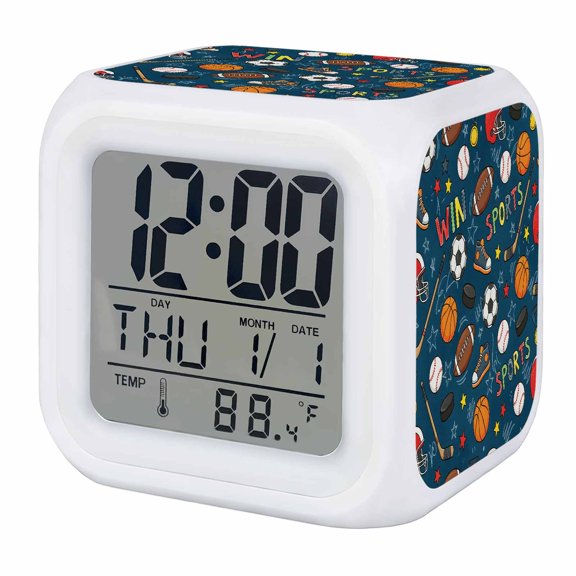 Alarm Clocks Sports Balls Digital Clock 7 Color LED Night Light Silent Non-Ticking Battery Operated Basketball Football Baseball Rugby Ice Hockey Cube Clocks for Bedroom Bedside Living Room Decor