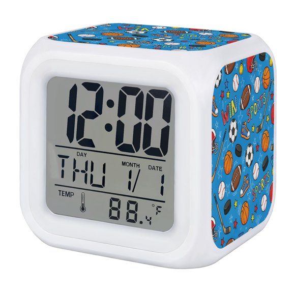 Alarm Clocks Sports Balls Digital Clock 7 Color LED Night Light Silent Non-Ticking Battery Operated Basketball Soccer Baseball Rugby Ice Hockey Cube Clocks for Bedroom Bedside Living Room Decor