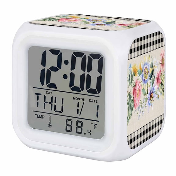 Alarm Clocks Spring Summer Floral Digital Clock 7 Color LED Night Light Silent Non-Ticking Battery Operated Green Leaf Black Buffalo Plaid Cube Clocks for Bedroom Bedside Living Room Office School