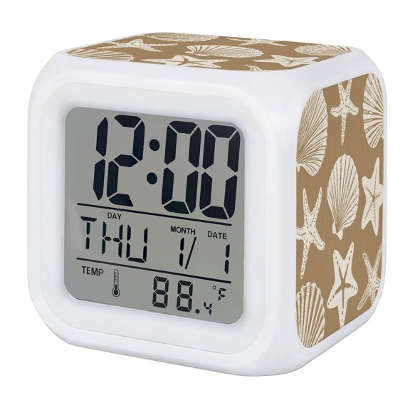 Alarm Clocks Starfish Sea Shells Digital Clock 7 Color LED Night Light Silent Non-Ticking Battery Operated Khaki Coastal Marine Life Cube Clocks for Bedroom Bedside Living Room Office School Decor