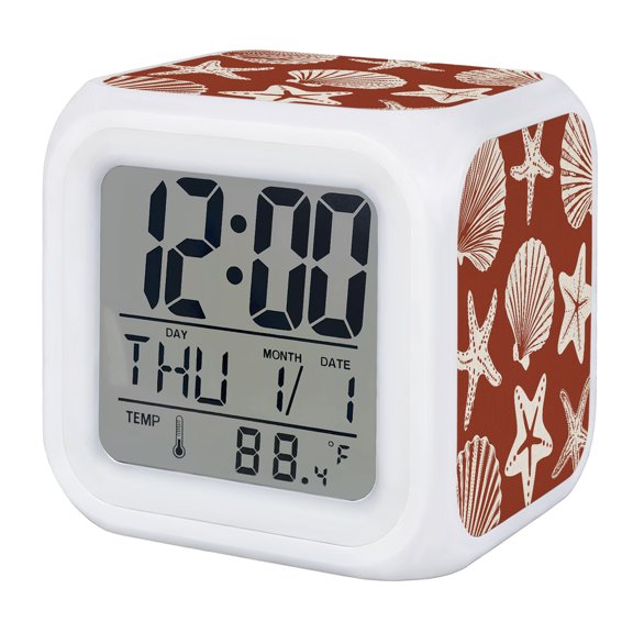 Alarm Clocks Starfish Sea Shells Digital Clock 7 Color LED Night Light Silent Non-Ticking Battery Operated Red Coastal Marine Life Cube Clocks for Bedroom Bedside Living Room Office School Decor