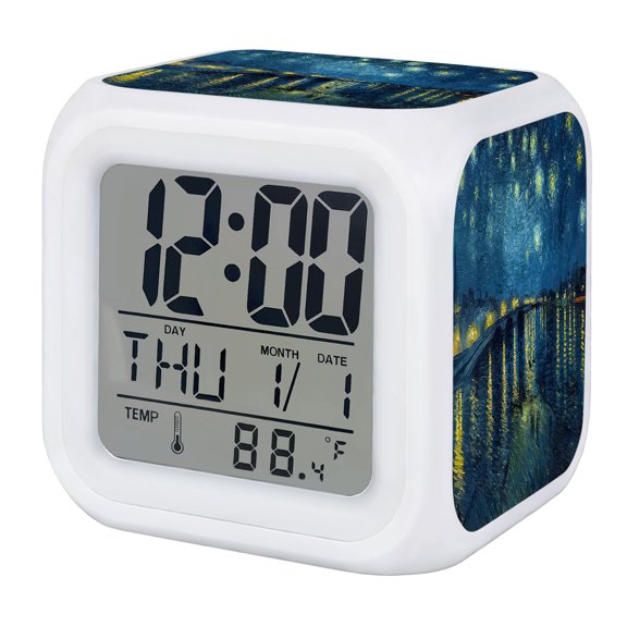 Alarm Clocks Starry Sky River Digital Clock 7 Color LED Night Light Silent Non-Ticking Battery Operated Star Moon Sunlight Impressionist Cube Clocks for Bedroom Bedside Living Room Office Decor