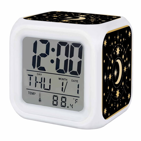 Alarm Clocks Stars Moon Digital Clock 7 Color LED Night Light Silent Non-Ticking Battery Operated Black Bohemian Gorgeous Starry Night Cube Clocks for Bedroom Bedside Living Room Office School